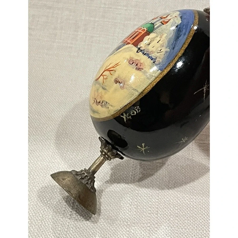 Vintage Russian Hand Painted Lacquer Egg Winter Orthodox Church‎ Signed Usov